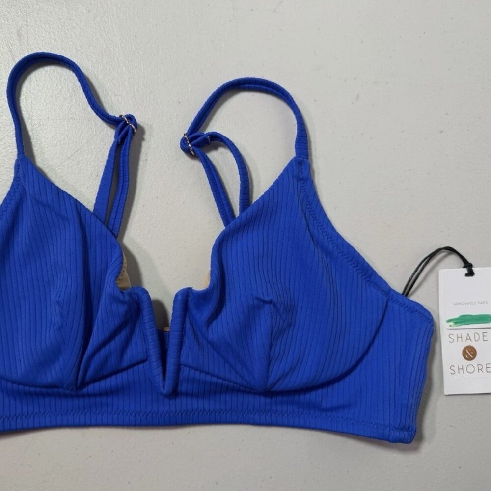 Shade & Shore Ribbed V-Wire Bikini Top Royal Blue Size 32B Removable Pads NWT